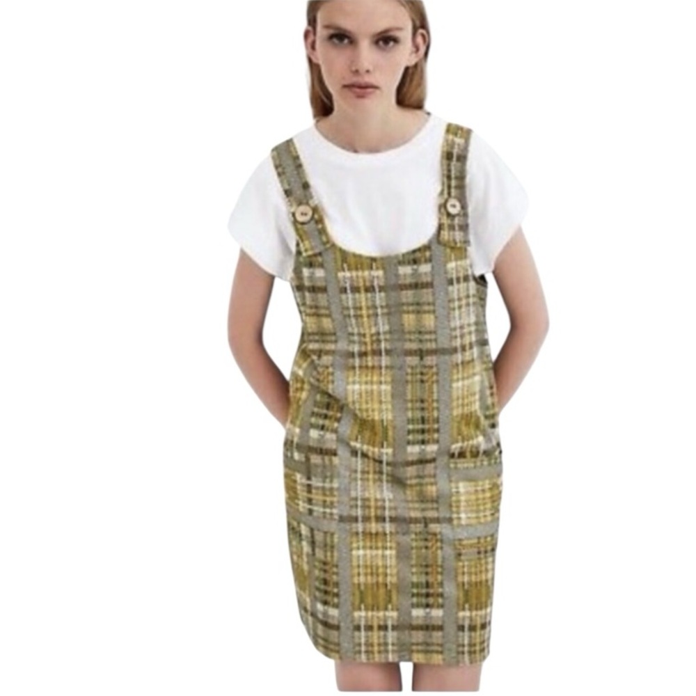 Cute! Zara Plaid Pinafore Mini Dress. Metallic Thread Wood Buttons. Sz. S